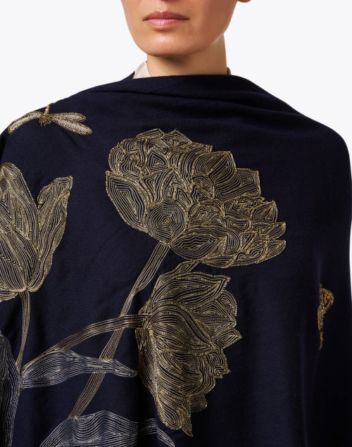 Exquisite Hand-embroidered Navy Merino Wool Scarf from India