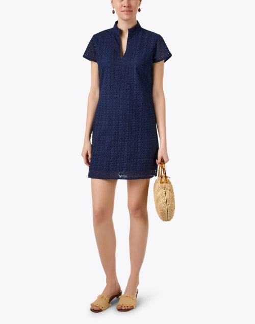 Navy Women's Eyelet Lace Tunic Style Dress for Transitional Seasons
