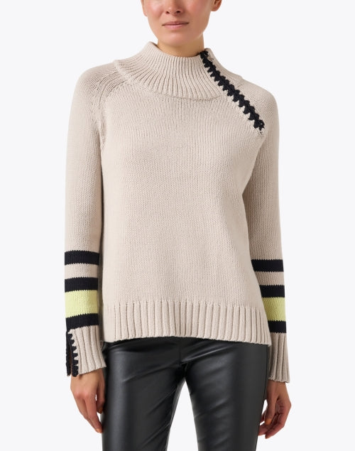Stylish Beige Zip-up Sweater with Contrast Stitch and Ribbed Trim