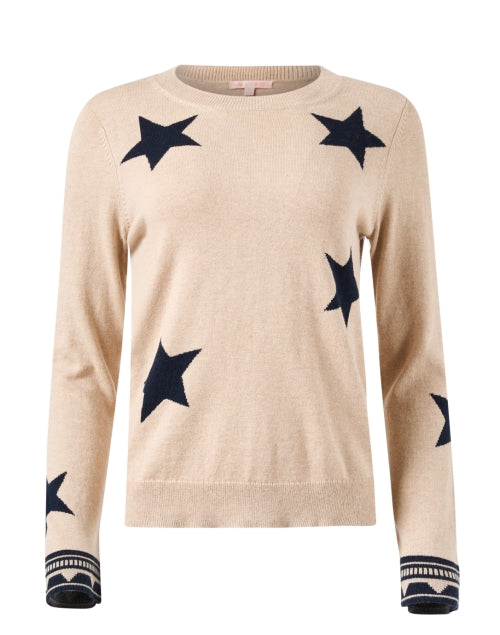 Beige and Navy Colored Star-Printed Cotton Cashmere Blend Knit Sweater