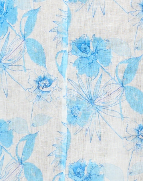 120% Lino Women's Breathable White and Blue Floral Print Linen Shirt Dress for Sunny Days