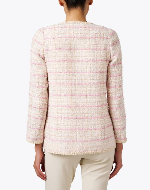 Stylish Beige and Pink Tweed Braided Trim V-Neck Jacket by Edward Achour