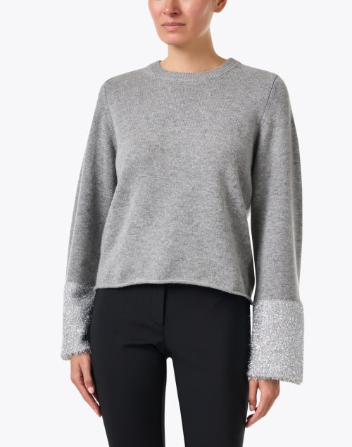Stylish Grey Wool Blend Sweater with Festive Tinsel Cuffs