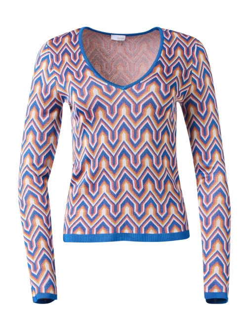 Vibrant Blue Geometric Intarsia Multi - colored V - Neck Sweater