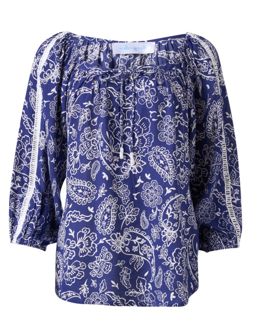 Navy Blue Paisley Print Relaxed-Fit Top with Balloon Sleeves and Tie Neckline