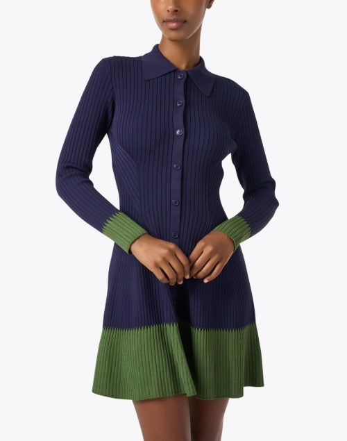 Navy and Green Pine Knit Shirt-Style Flare Dress
