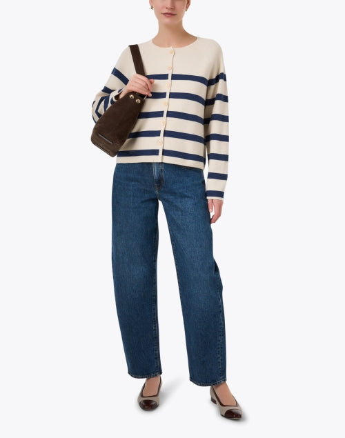 Navy Striped Classic 100% Cotton Ivory Cardigan for Seasonal Wear