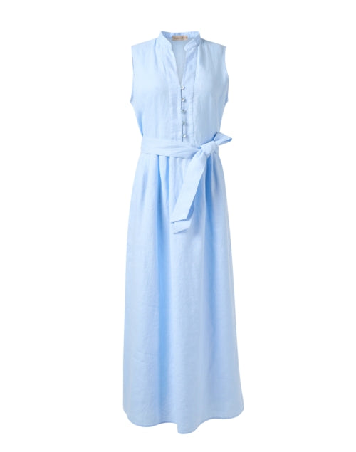 Elegant Blue 100% Linen A-Line Dress with Mandarin Collar