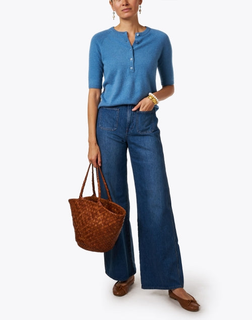 Blue Cashmere Short - Sleeved Henley Top for Versatile Styling