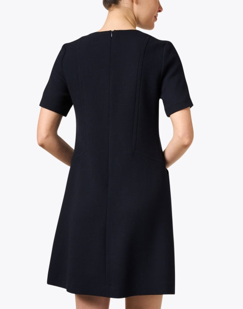 Navy Blue 100% Wool Crepe Pia Shift Dress with Front Patch Pockets