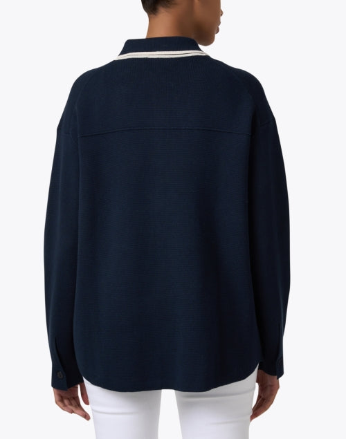 Sophisticated Navy 100% Cotton Knit Jacket with White Stripe Trim