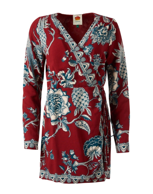 Stylish Red Wrap Dress with Intricate Print Design