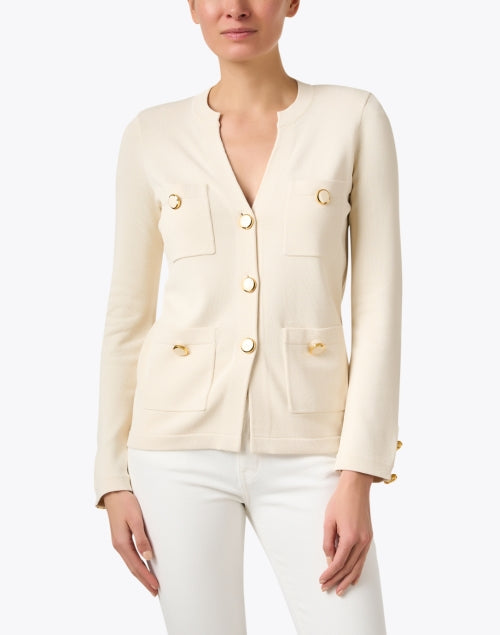 Elegant Ecru Gold-Buttoned Knit Jacket for a Polished Look
