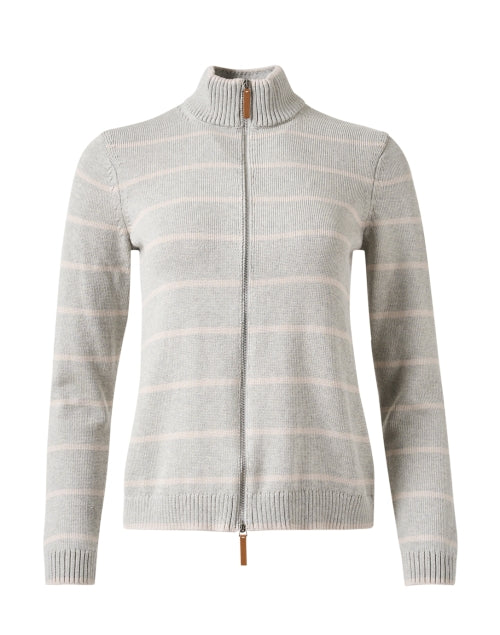Luxurious Dove Grey Striped Cotton-Silk Blend Knit Zip Jacket