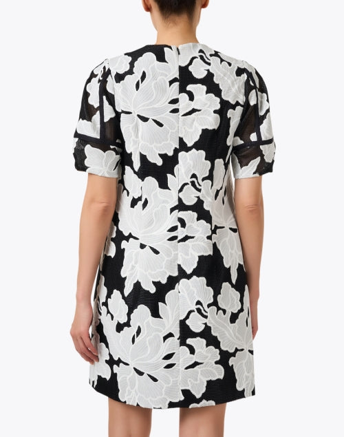 Elegant Black and White Floral Embroidered Mini Shift Dress for Women