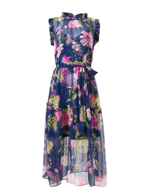 Navy Printed Silk Gemma Evening Dress for Women