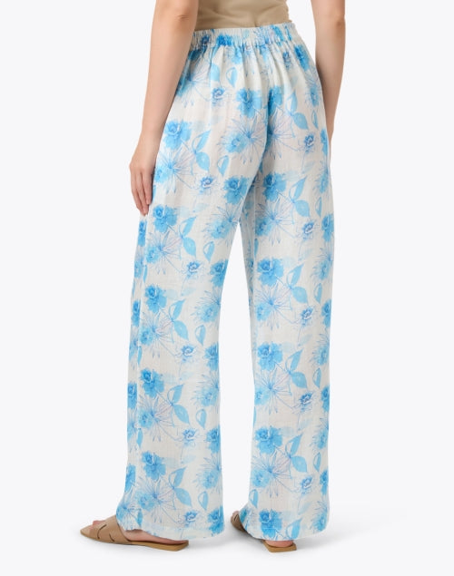 Stylish Blue and White Floral Print Wide-Leg Lightweight Linen Pants
