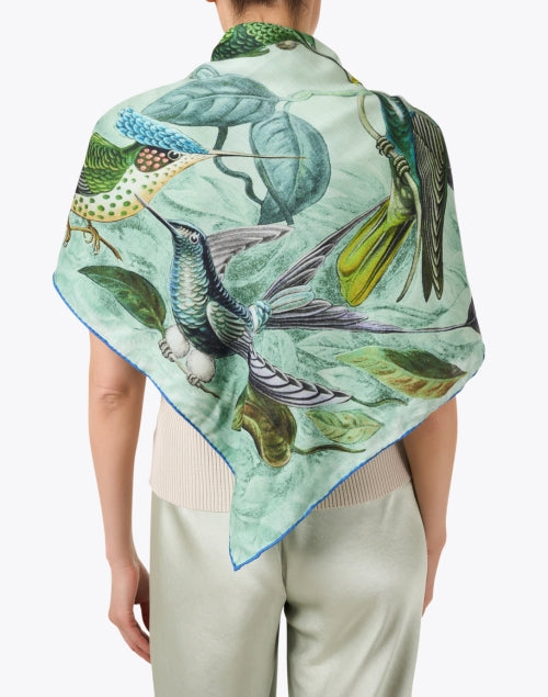 Exquisite Green Hummingbird Patterned Cashmere-Silk-Wool Blend Scarf