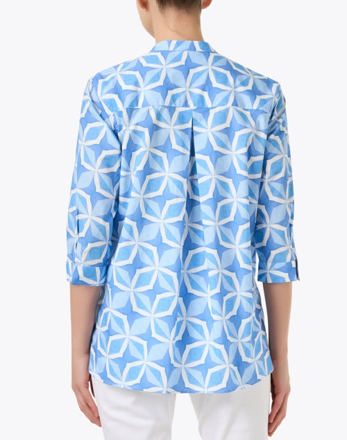 Blue and White Geometric Patterned Stretch Cotton Women's Blouse for Warm Weather