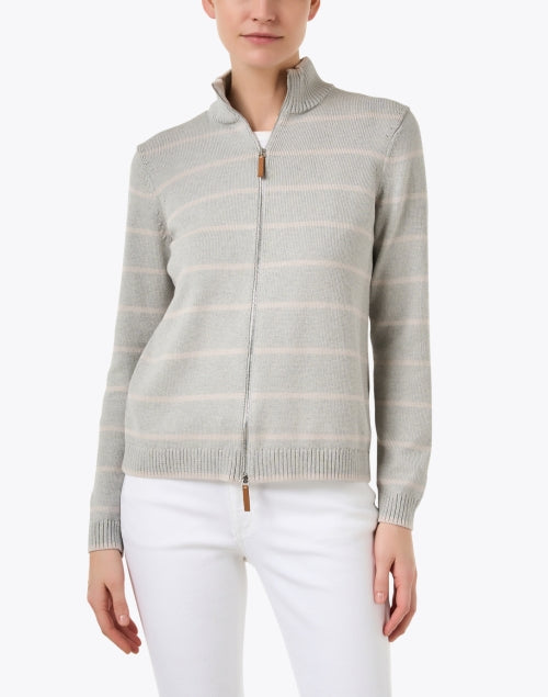 Luxurious Dove Grey Striped Cotton-Silk Blend Knit Zip Jacket