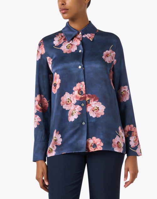 Stylish Blue Silk Blouse with Floral Print