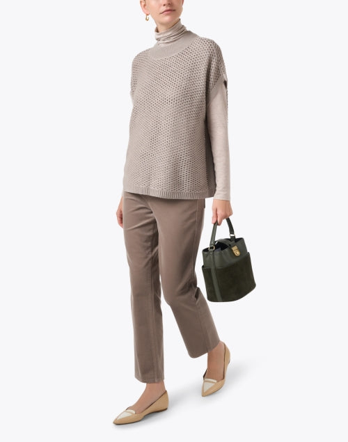 Stylish Taupe-colored Wool Short Sleeve Open Knit Sweater for Layering