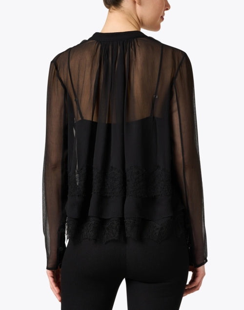 Elegant Black Silk Chiffon Blouse with Intricate Lace Trim