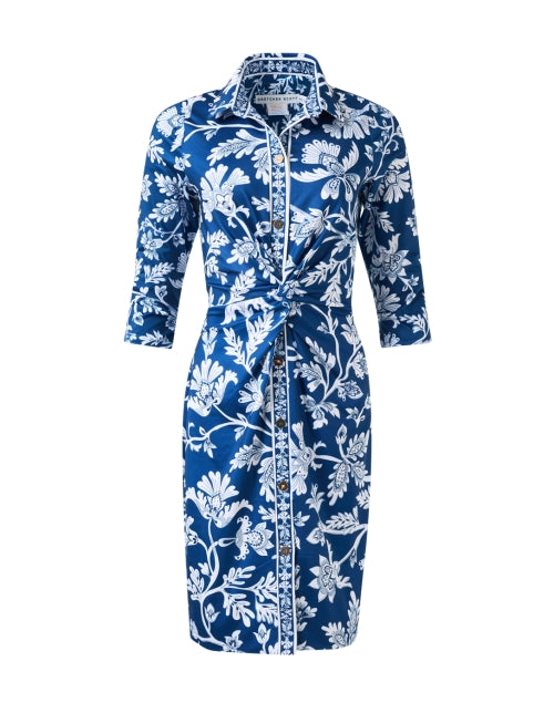 Stylish Navy Intricate Print Three - Quarter Sleeve Twist Shirt Dress