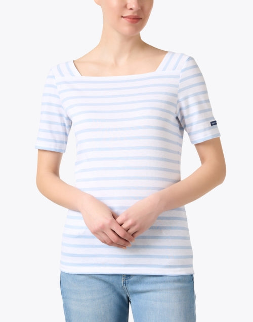 Stylish Light Blue and White Striped Cotton Square - Neck Short - Sleeve Top