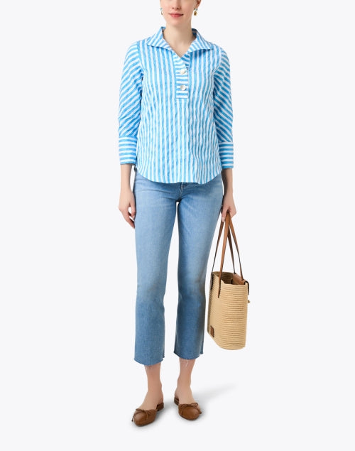 Feminine Blue and White Striped Women's Blouse for Versatile Wear