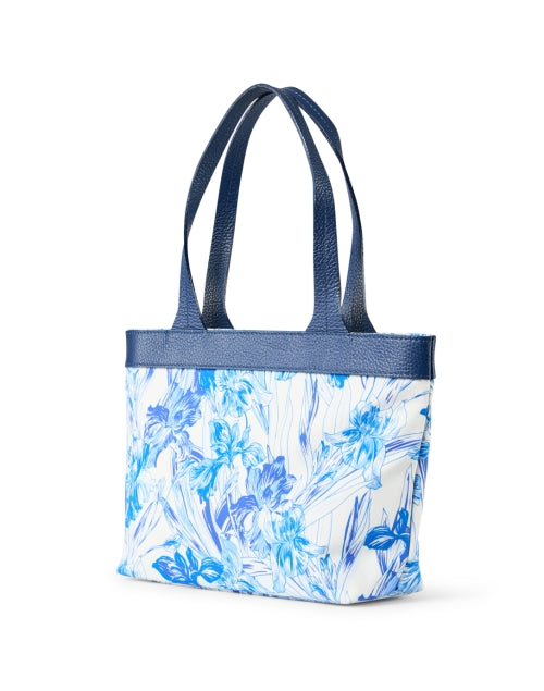 Stylish Blue Floral Print Shoulder Bag with Navy Leather Handles