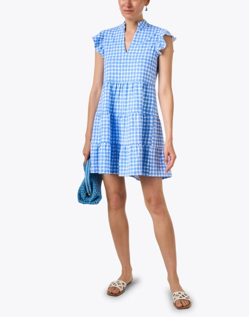 Sail to Sable's Stylish Blue Gingham Mini Tiered Flutter - Sleeve Dress