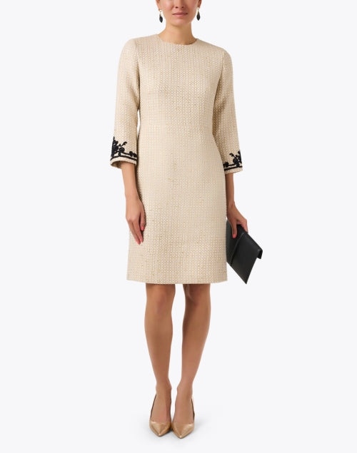 Stylish Beige Tweed Sheath Dress with Embroidered Cuffs
