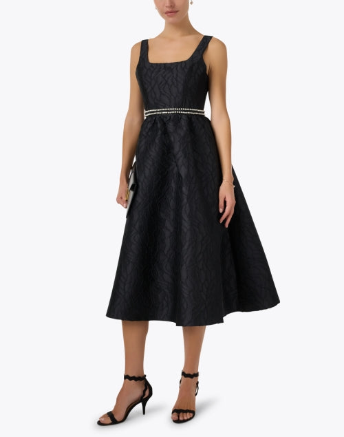 Abbey Glass Victoria Black Jacquard Fit-and-Flare Dress with Removable Pearl Belt