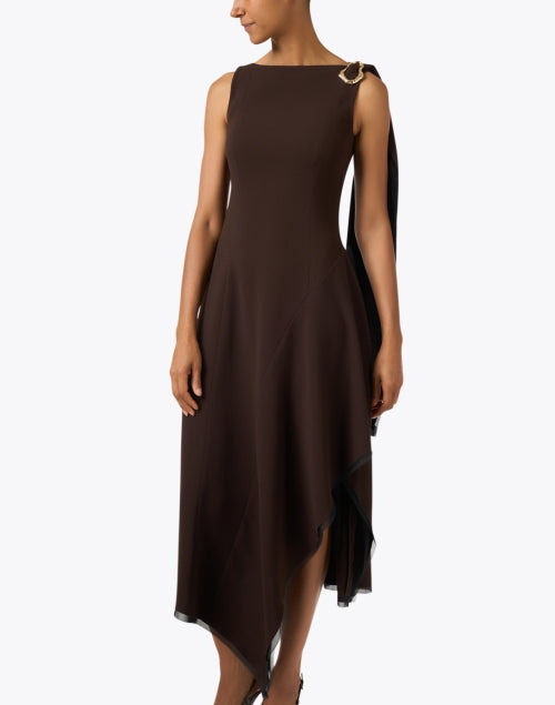 Stylish Brown Crepe Fit-and-Flare Dress with Draped Shoulder Detail