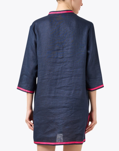 Navy Blue and Rose Pink Embroidered Women's Linen Summer Dress