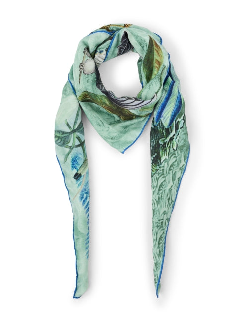 Exquisite Green Hummingbird Patterned Cashmere-Silk-Wool Blend Scarf