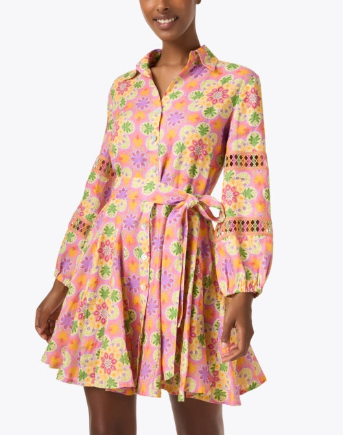 Versilia Sunny Motif Embroidered 100% Linen Multi - Print Shirt Dress