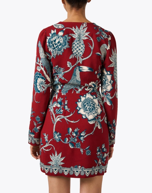 Stylish Red Wrap Dress with Intricate Print Design
