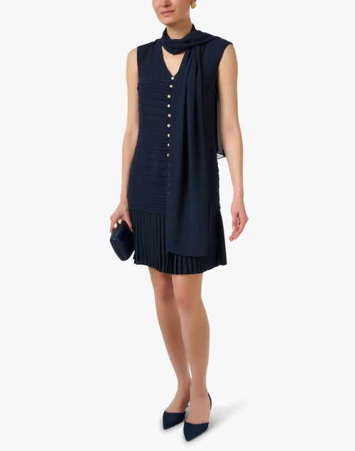 Navy Blue Women's Shift Style Dress with Matching Shawl for Fashionable Outfits