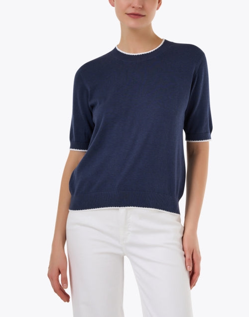 Navy Blue Knit Cotton Blend Short Sleeve Women's Top
