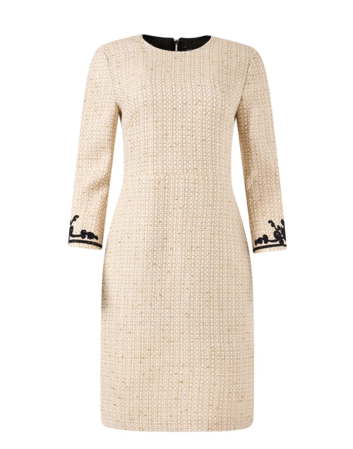 Stylish Beige Tweed Sheath Dress with Embroidered Cuffs