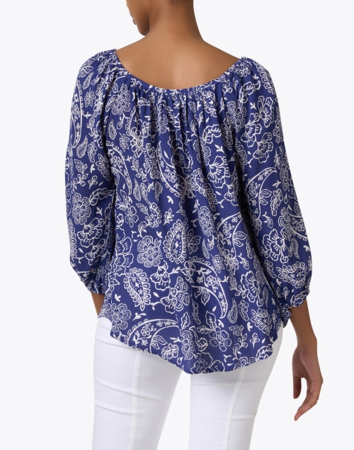 Navy Blue Paisley Print Relaxed-Fit Top with Balloon Sleeves and Tie Neckline