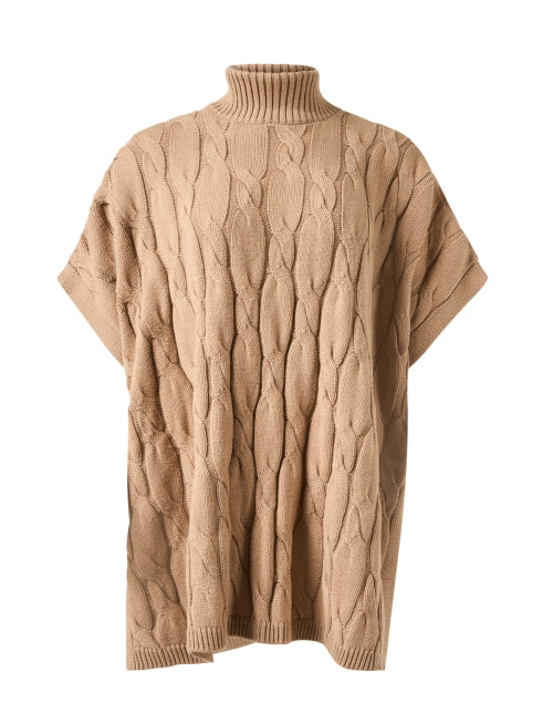 Soft Tan Cable-Knit Poncho-Style Alpaca-Cotton Blend Sweater