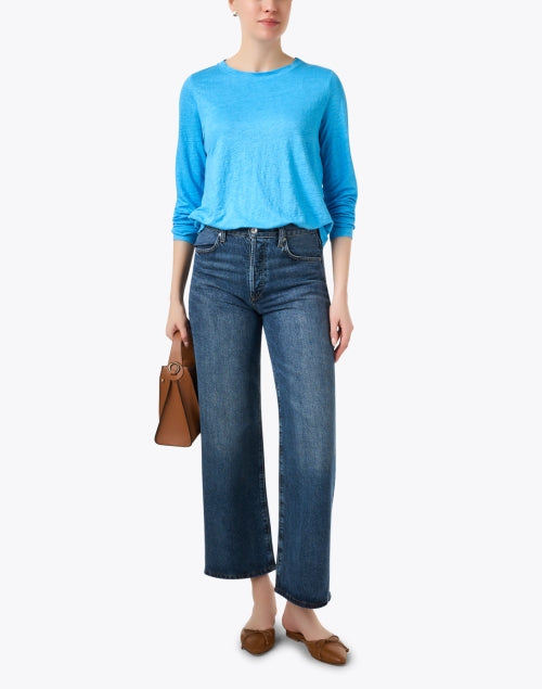 Azure Blue Casual Linen Women's Top for Everyday Wear