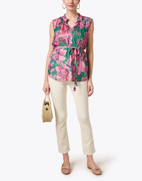 Rosette Print Cotton-Silk Blend Sleeveless Blouse in Green and Pink Colors