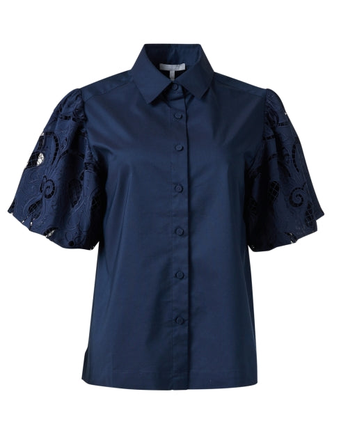 Navy Angeline Blouse with Eyelet Sleeve Design for Modern Women