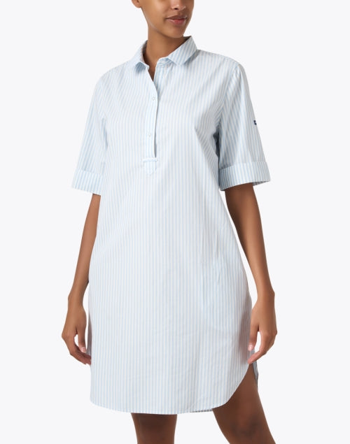 Leonie Women's White and Pale Blue Striped Cotton Casual Shirt Dress for Warm Weather