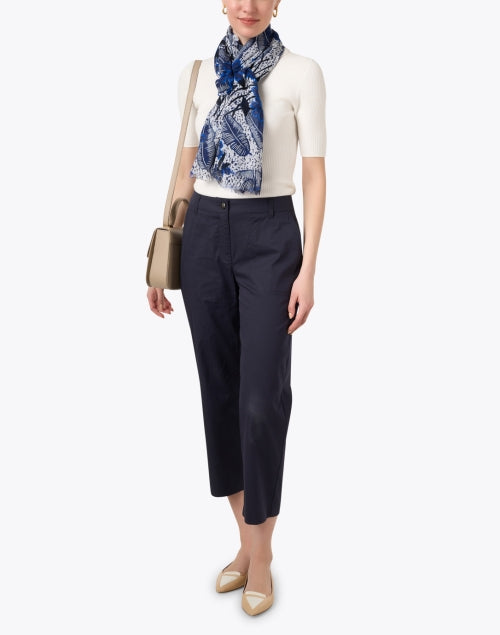 Weekend Max Mara's Blue Floral Motif Sarda Cotton Blend Scarf with Eyelash Fringe Trim