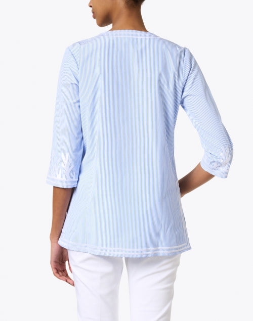 Blue Striped Embroidered Cotton Poplin Casual Tunic Blouse by Gretchen Scott